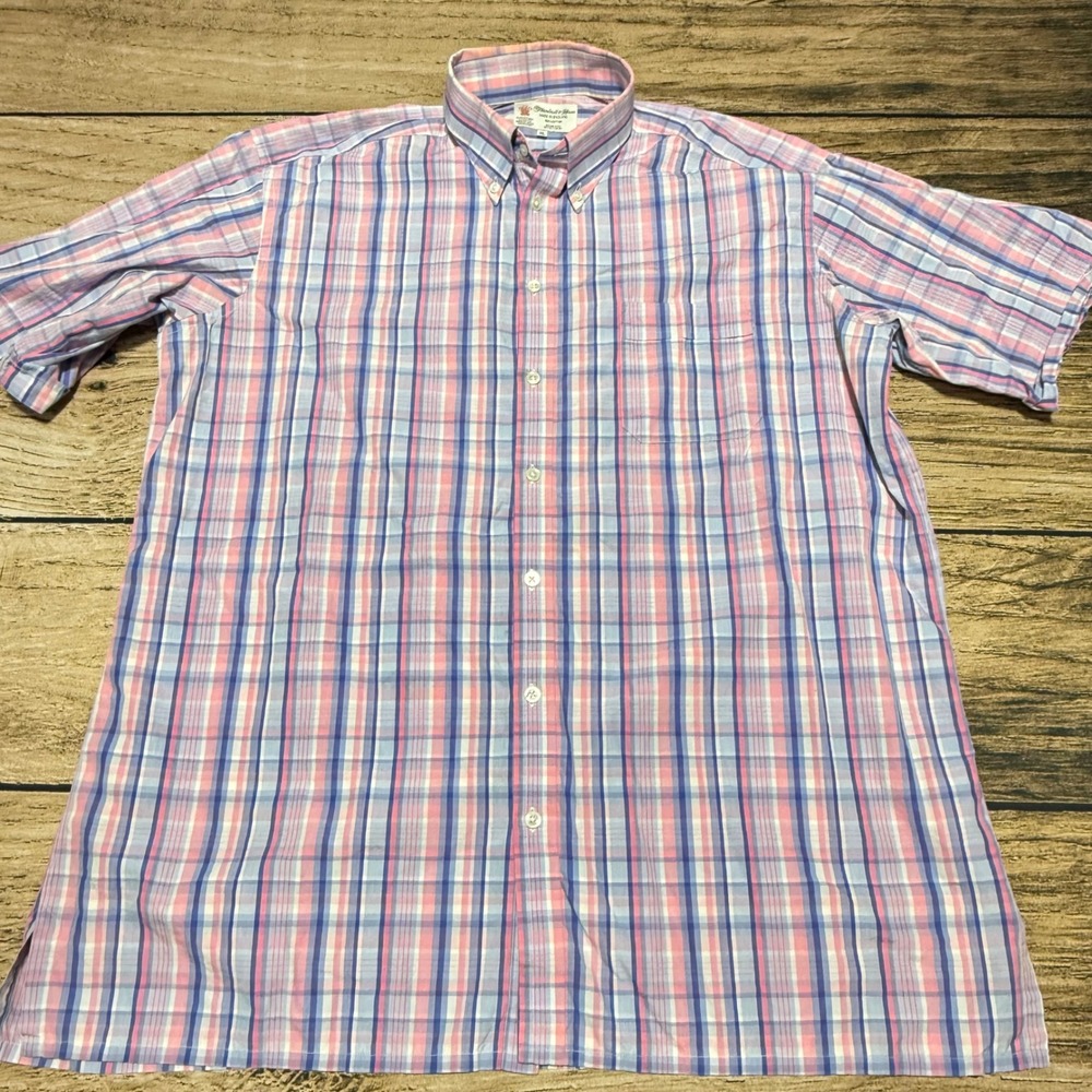 Turnbull & Asser Button Down Shirt Men XL Pink Blue Plaid Short Sleeve England